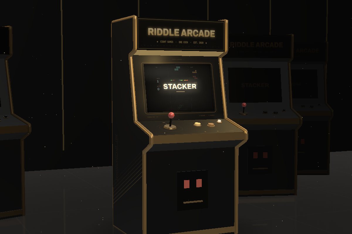 The Riddle Arcade cabinet in 3D: black lacquer, gold trim and a glowing marquee